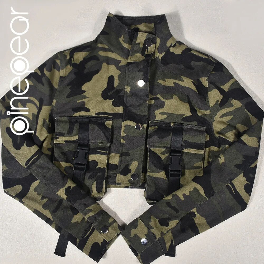 PinePear Camouflage Denim Big Pocket Short Jacket Women 2024 Fall INS Trend Camo Turtleneck Long Sleeve Cropped Coat Streetwear