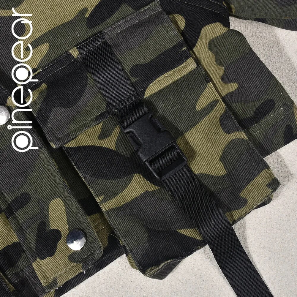 PinePear Camouflage Denim Big Pocket Short Jacket Women 2024 Fall INS Trend Camo Turtleneck Long Sleeve Cropped Coat Streetwear