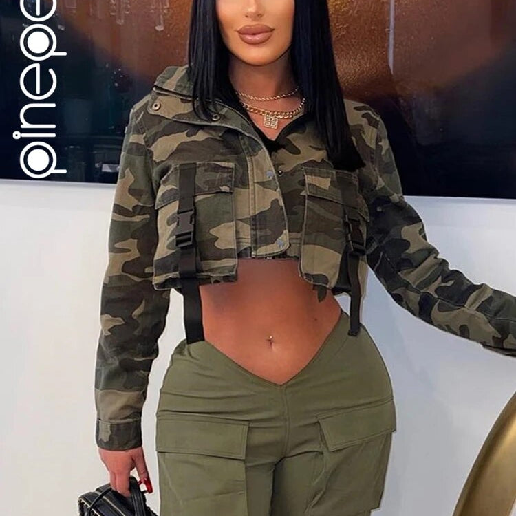 PinePear Camouflage Denim Big Pocket Short Jacket Women 2024 Fall INS Trend Camo Turtleneck Long Sleeve Cropped Coat Streetwear