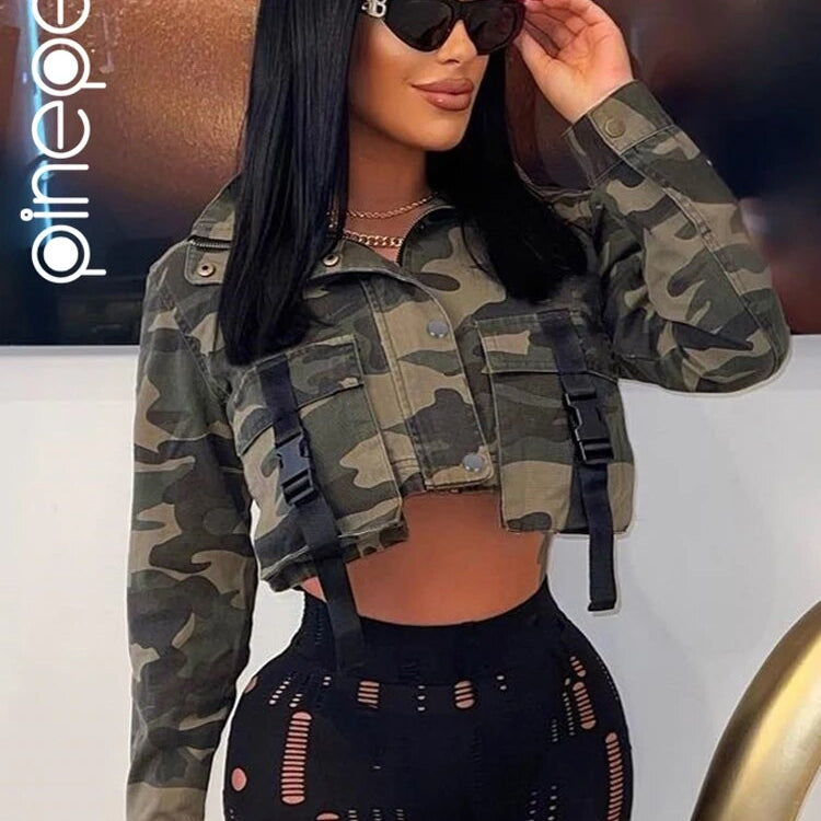 PinePear Camouflage Denim Big Pocket Short Jacket Women 2024 Fall INS Trend Camo Turtleneck Long Sleeve Cropped Coat Streetwear AMAIO