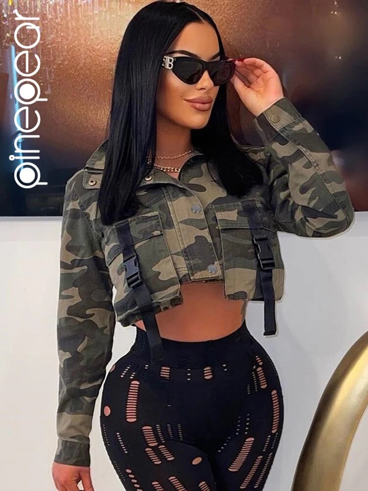 PinePear Camouflage Denim Big Pocket Short Jacket Women 2024 Fall INS Trend Camo Turtleneck Long Sleeve Cropped Coat Streetwear Camouflage
