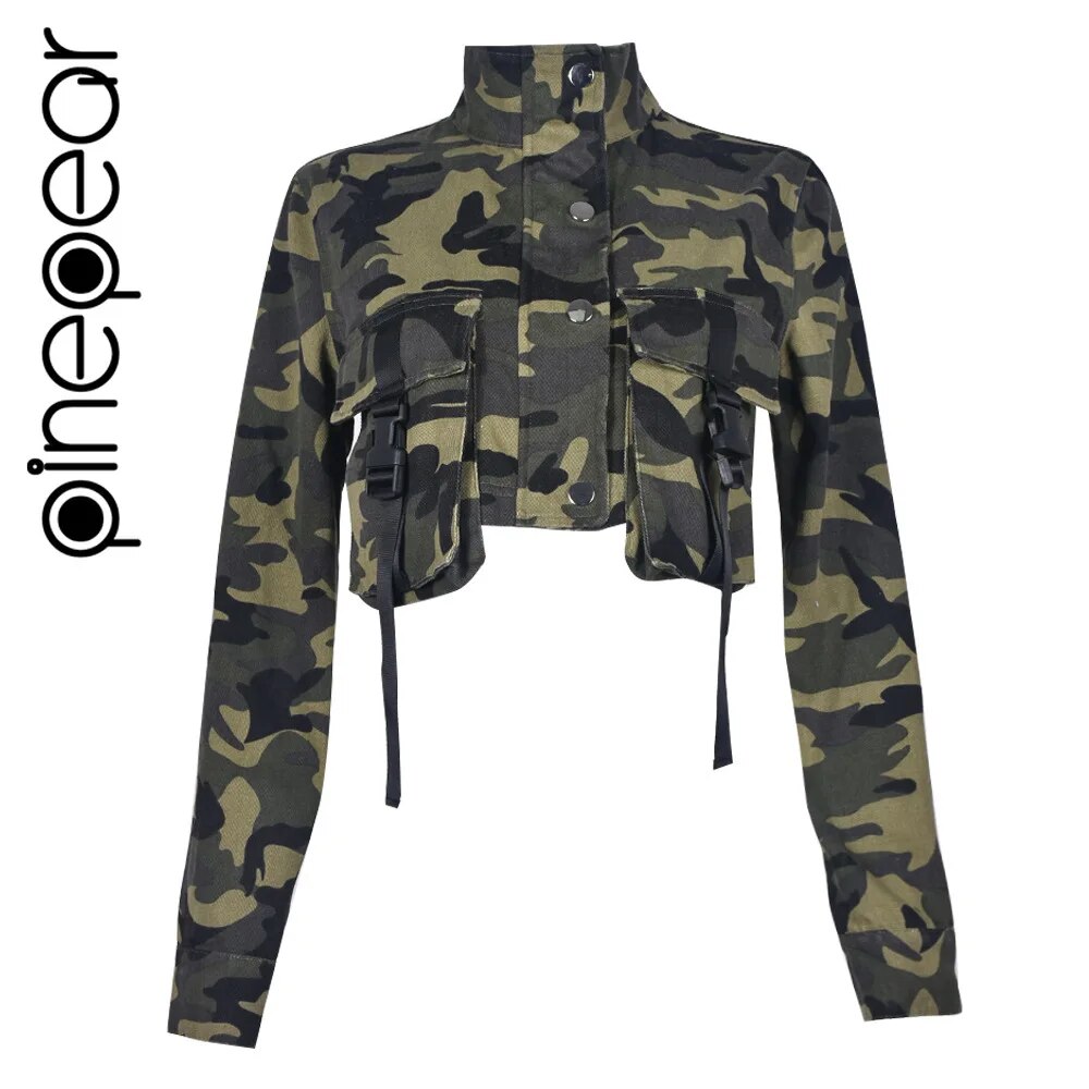 PinePear Camouflage Denim Big Pocket Short Jacket Women 2024 Fall INS Trend Camo Turtleneck Long Sleeve Cropped Coat Streetwear