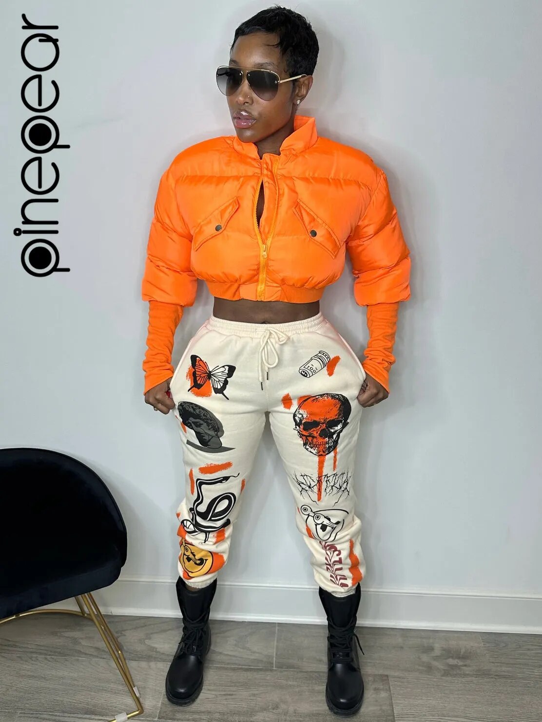 PinePear Thick Women Parkas 2024 Winter Warm Puffy Cropped Coats Cotton Padded Stand Collar Short Jackets Fashion Female Clothes Orange