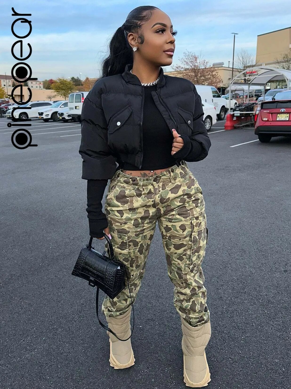 PinePear Thick Women Parkas 2024 Winter Warm Puffy Cropped Coats Cotton Padded Stand Collar Short Jackets Fashion Female Clothes Black