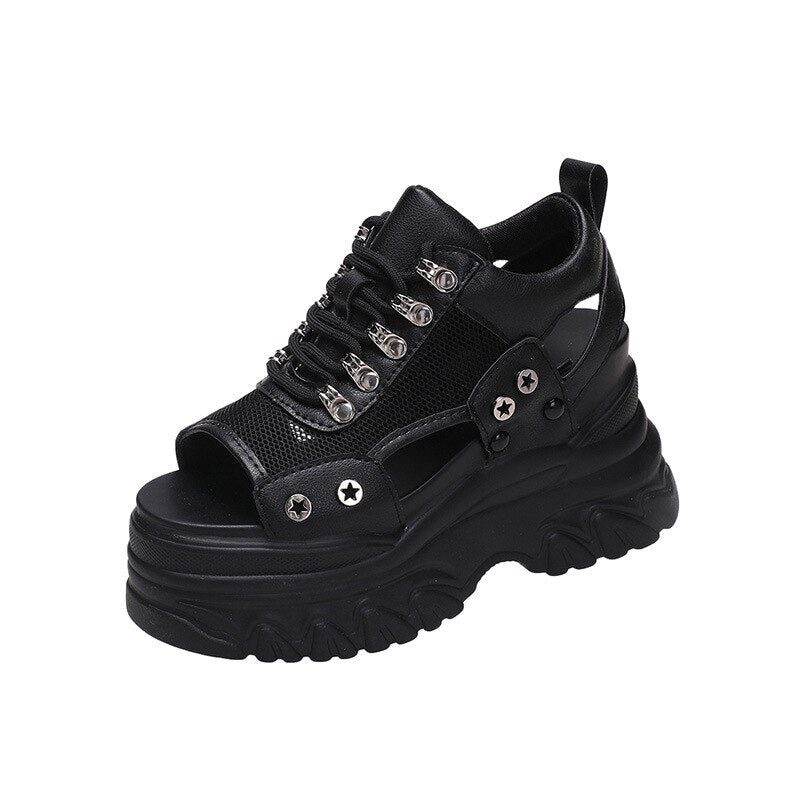 Pink 8CM High Heels Women Summer Platform Sandals Breathable Wedges Ladies Beach Mesh Slippers Chunky Rome Shoes Sandalias Mujer Black