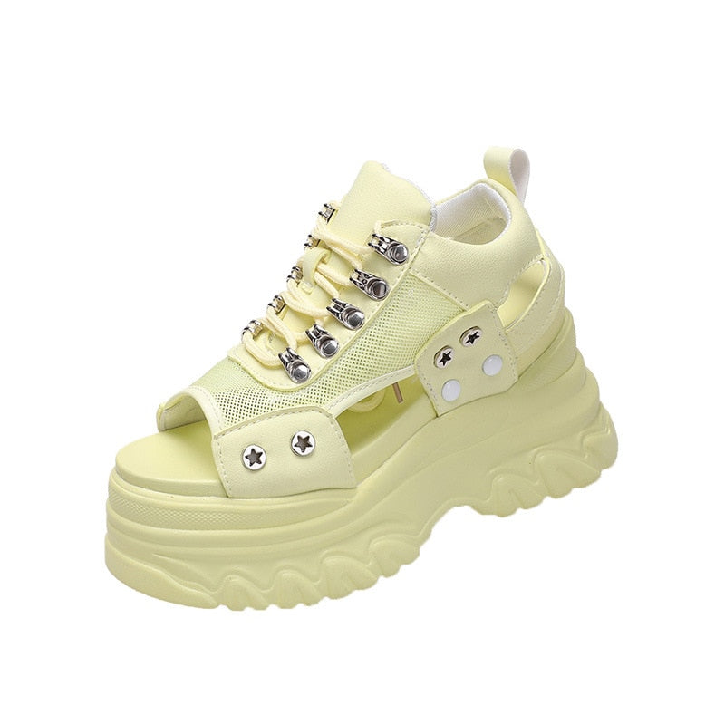 Pink 8CM High Heels Women Summer Platform Sandals Breathable Wedges Ladies Beach Mesh Slippers Chunky Rome Shoes Sandalias Mujer Yellow