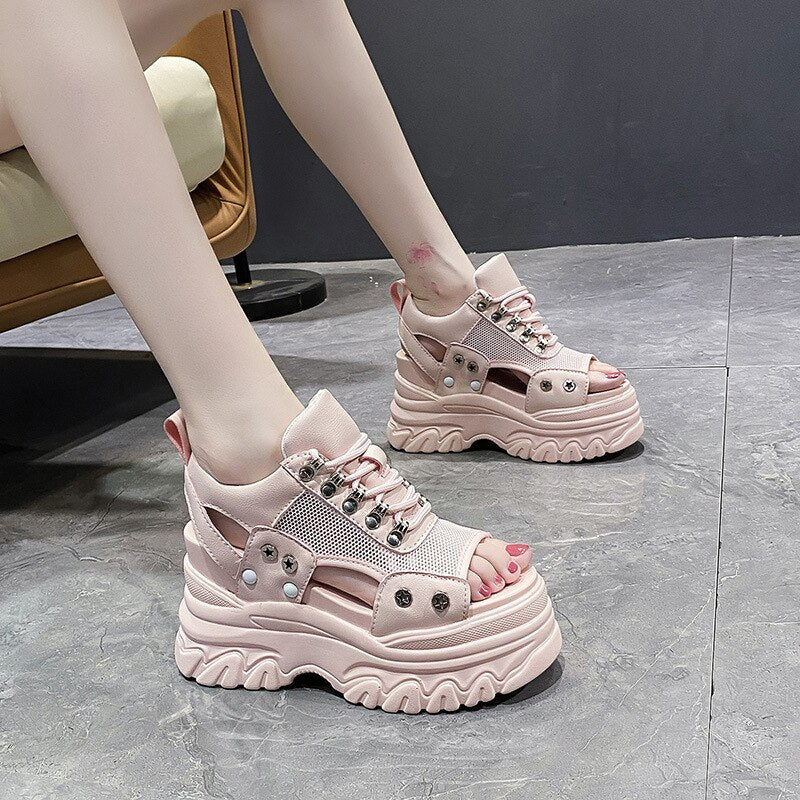 Pink 8CM High Heels Women Summer Platform Sandals Breathable Wedges Ladies Beach Mesh Slippers Chunky Rome Shoes Sandalias Mujer