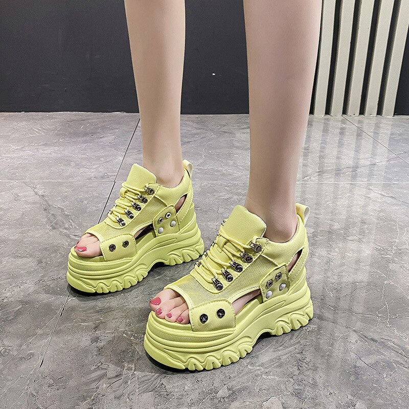 Pink 8CM High Heels Women Summer Platform Sandals Breathable Wedges Ladies Beach Mesh Slippers Chunky Rome Shoes Sandalias Mujer
