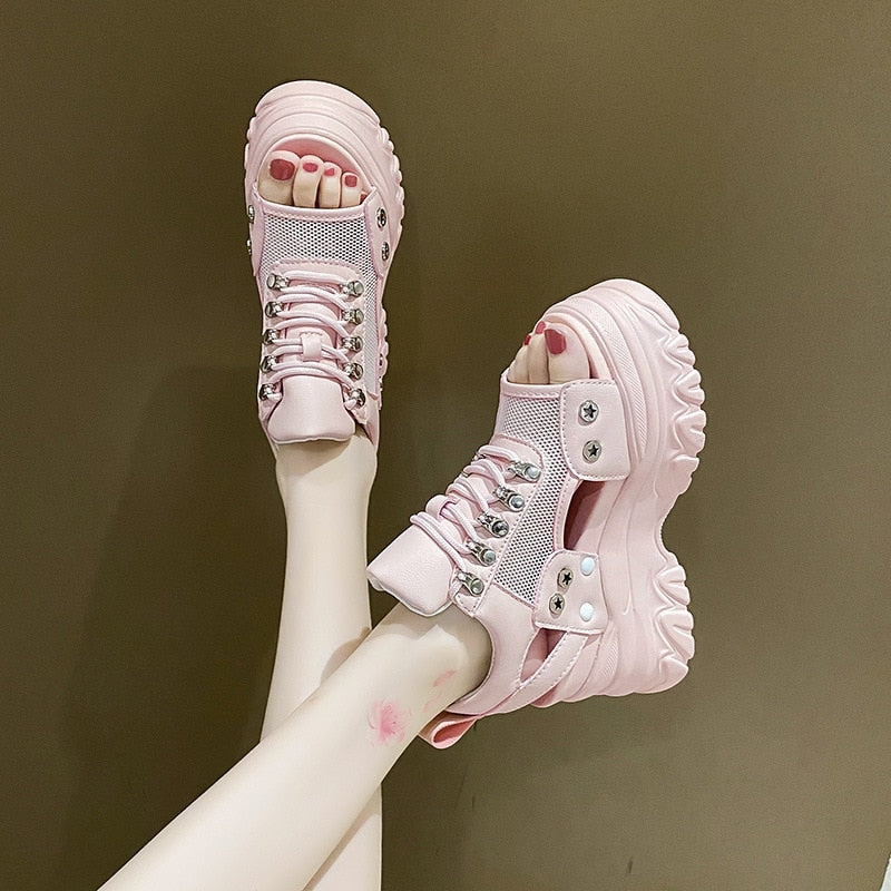 Pink 8CM High Heels Women Summer Platform Sandals Breathable Wedges Ladies Beach Mesh Slippers Chunky Rome Shoes Sandalias Mujer