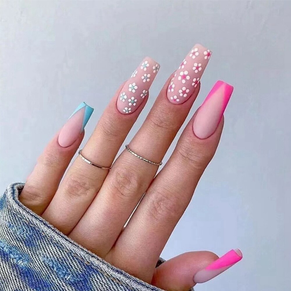 Pink False Nails With Small Flower Design Detachable Long Coffin French Ballerina Fake Nails Full Cover Nail Tips Press On Nails