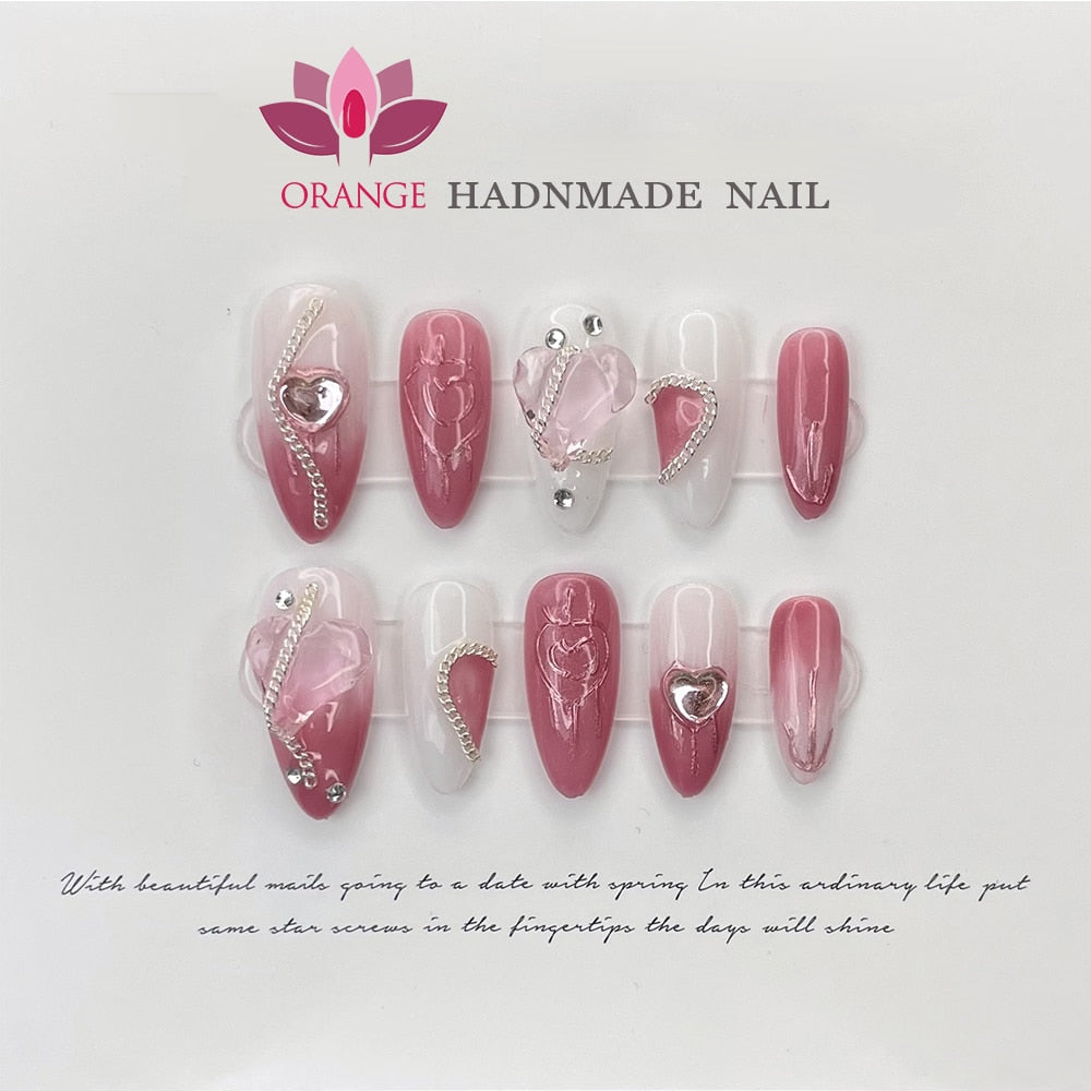 Pink Handmade Nails Press on Full Cover Professional Nails Manicuree Heart False Nails Japanese Wearable Artificial With Designs AMAIO