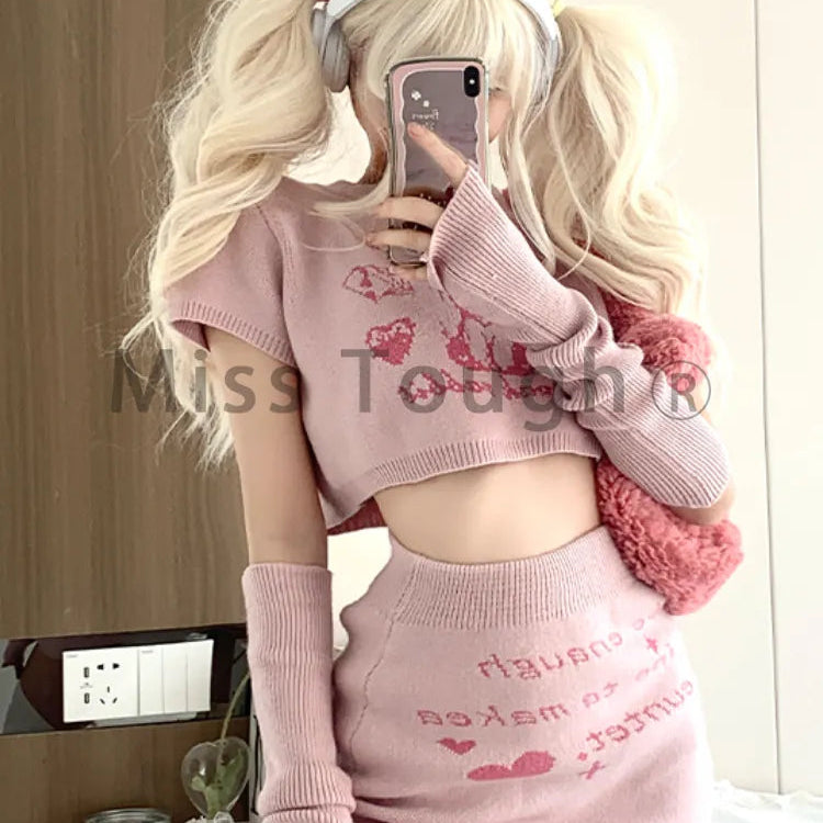 Pink Japanese Kawaii 3 Piece Set Women Rabbit Print Sweet Cute Skirt Suit Female Knitted French Crop Tops + Party Mini Skirt New