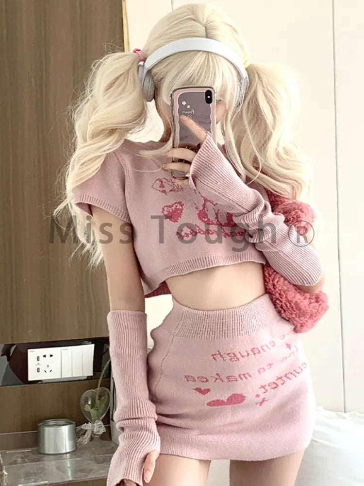 Pink Japanese Kawaii 3 Piece Set Women Rabbit Print Sweet Cute Skirt Suit Female Knitted French Crop Tops + Party Mini Skirt New