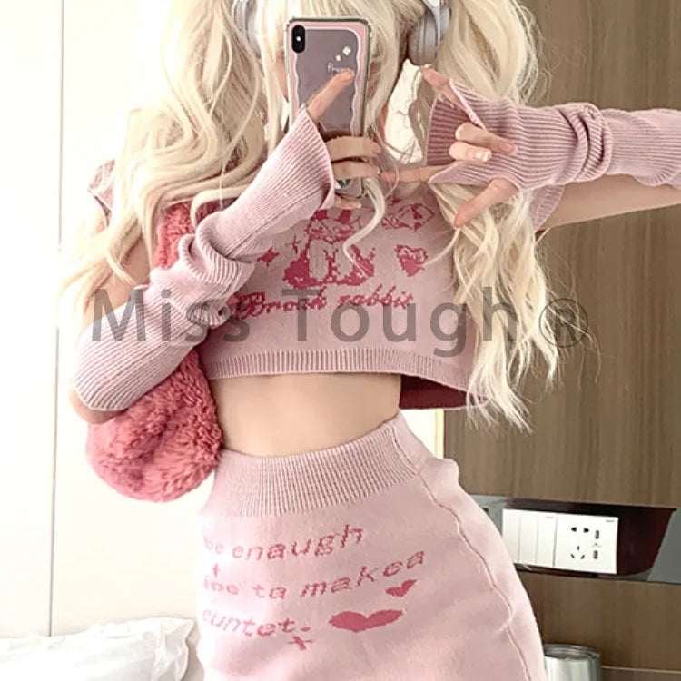 Pink Japanese Kawaii 3 Piece Set Women Rabbit Print Sweet Cute Skirt Suit Female Knitted French Crop Tops + Party Mini Skirt New