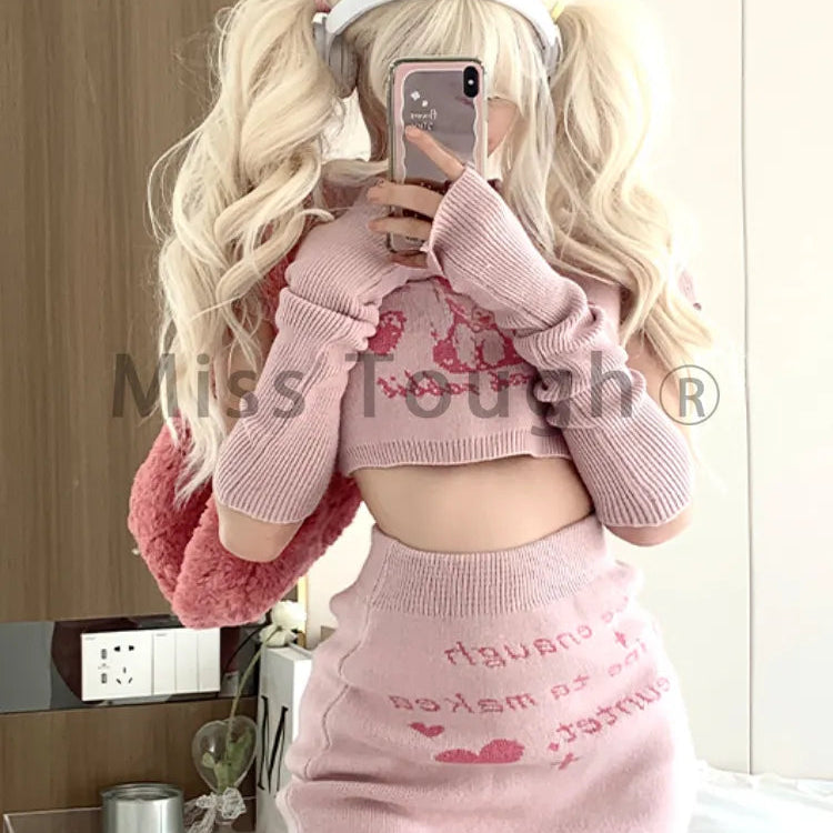 Pink Japanese Kawaii 3 Piece Set Women Rabbit Print Sweet Cute Skirt Suit Female Knitted French Crop Tops + Party Mini Skirt New