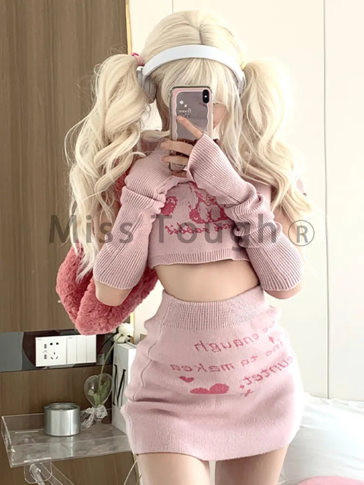 Pink Japanese Kawaii 3 Piece Set Women Rabbit Print Sweet Cute Skirt Suit Female Knitted French Crop Tops + Party Mini Skirt New