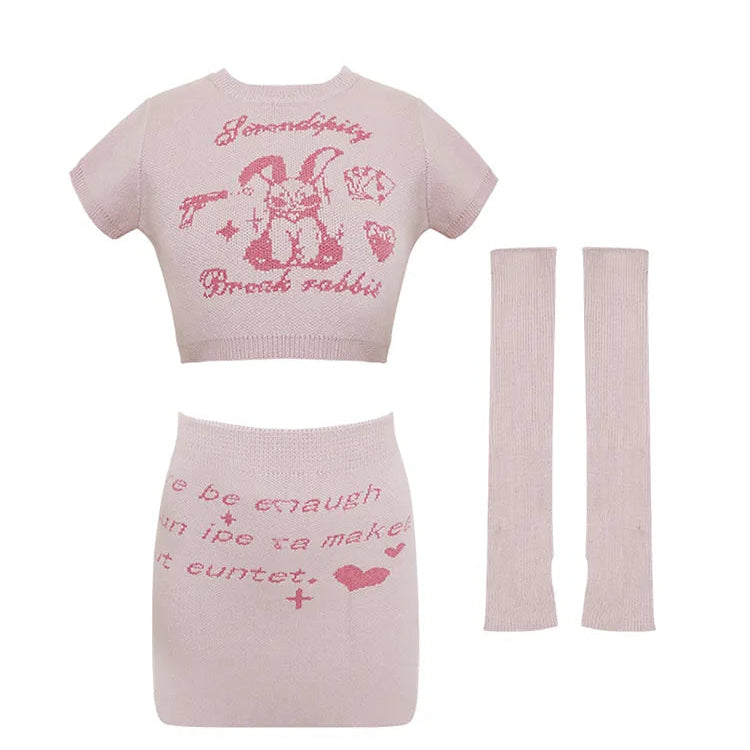 Pink Japanese Kawaii 3 Piece Set Women Rabbit Print Sweet Cute Skirt Suit Female Knitted French Crop Tops + Party Mini Skirt New Pink