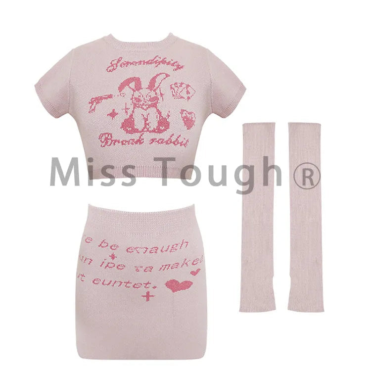 Pink Japanese Kawaii 3 Piece Set Women Rabbit Print Sweet Cute Skirt Suit Female Knitted French Crop Tops + Party Mini Skirt New