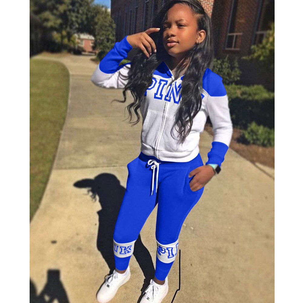 Pink Letter Print Sporty Casual 2 Piece Sets Women Fall Spring Zip Sweatsuit Outfit Pockets Coat Sweatpants Tracksuit Suits