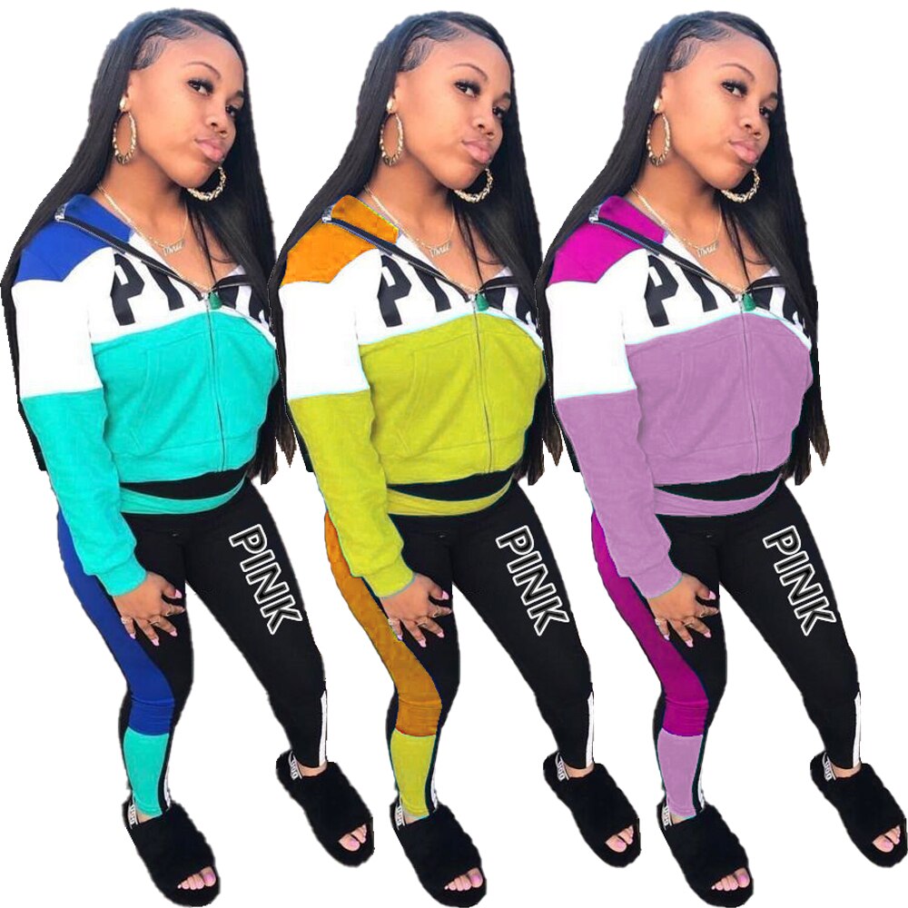 Pink Letter Print Sporty Casual 2 Piece Sets Women Fall Spring Zip Sweatsuit Outfit Pockets Coat Sweatpants Tracksuit Suits