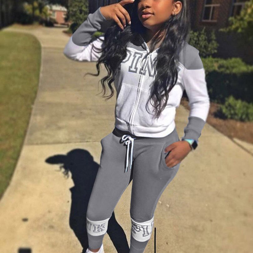 Pink Letter Print Sporty Casual 2 Piece Sets Women Fall Spring Zip Sweatsuit Outfit Pockets Coat Sweatpants Tracksuit Suits