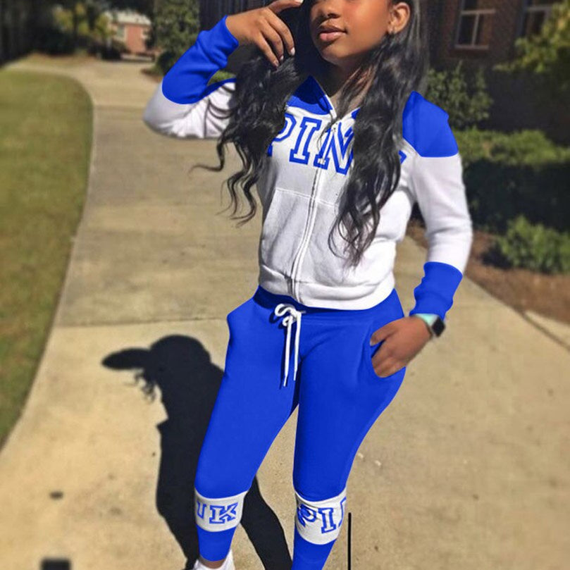 Pink Letter Print Sporty Casual 2 Piece Sets Women Fall Spring Zip Sweatsuit Outfit Pockets Coat Sweatpants Tracksuit Suits Blue A