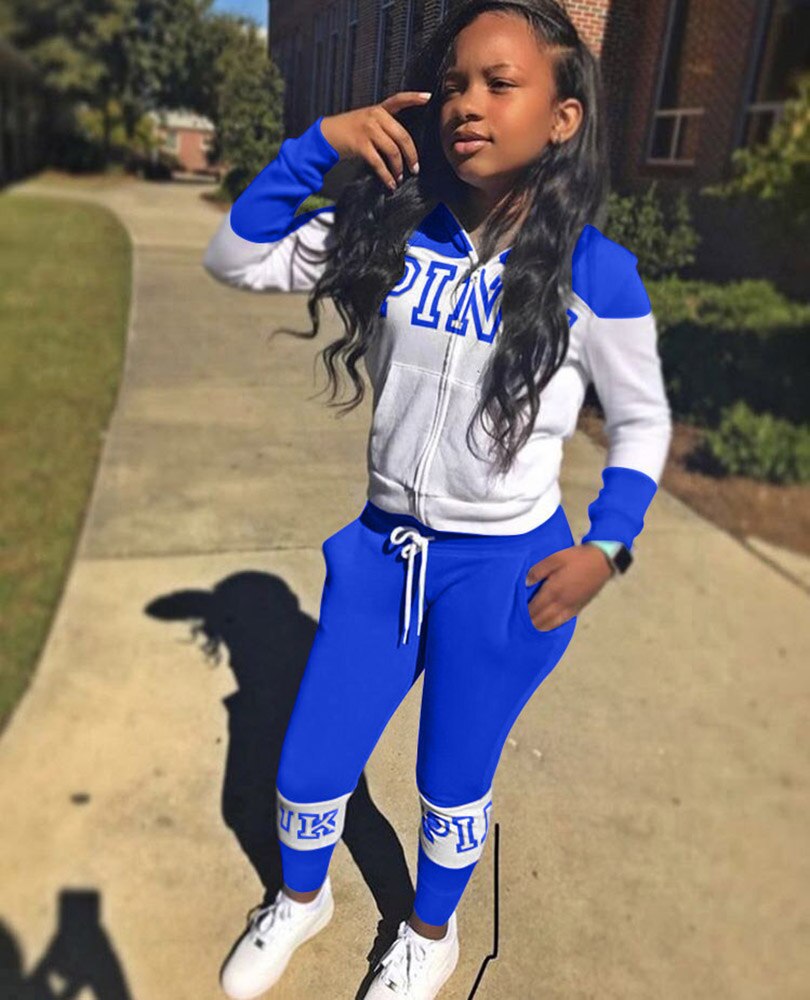 Pink Letter Print Sporty Casual 2 Piece Sets Women Fall Spring Zip Sweatsuit Outfit Pockets Coat Sweatpants Tracksuit Suits Blue A