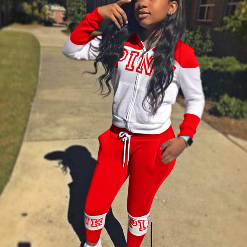 Pink Letter Print Sporty Casual 2 Piece Sets Women Fall Spring Zip Sweatsuit Outfit Pockets Coat Sweatpants Tracksuit Suits Red A