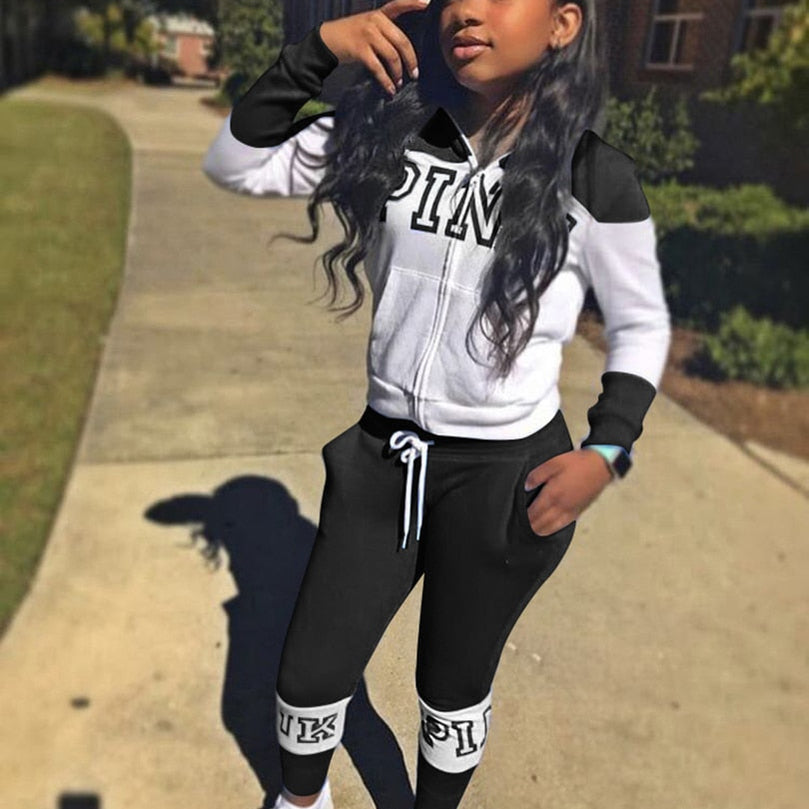 Pink Letter Print Sporty Casual 2 Piece Sets Women Fall Spring Zip Sweatsuit Outfit Pockets Coat Sweatpants Tracksuit Suits Black A