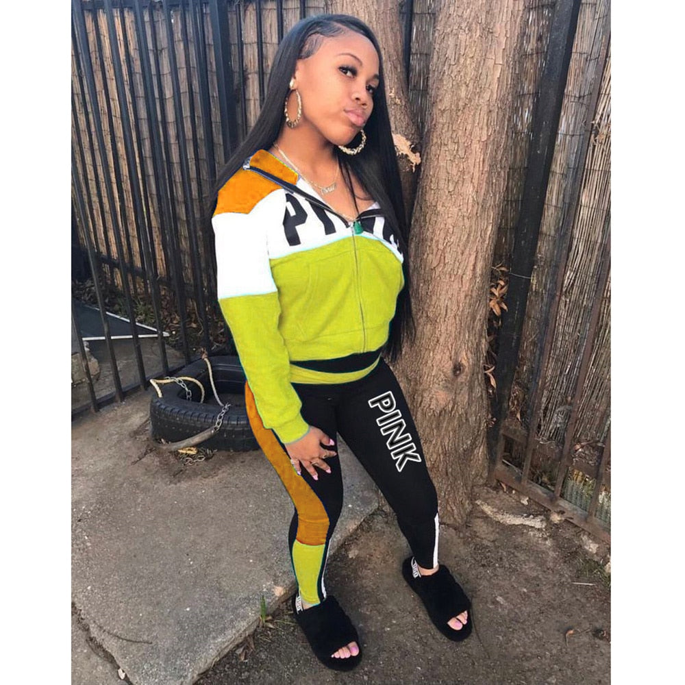 Pink Letter Print Sporty Casual 2 Piece Sets Women Fall Spring Zip Sweatsuit Outfit Pockets Coat Sweatpants Tracksuit Suits Yellow B