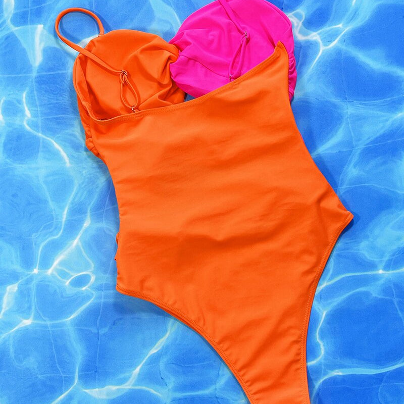 Pink Orange Patchwork One Piece Swimsuit - Swimwear Female Bather Bathing Suit Monokini Trikini