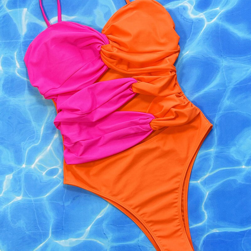 Pink Orange Patchwork One Piece Swimsuit - Swimwear Female Bather Bathing Suit Monokini Trikini