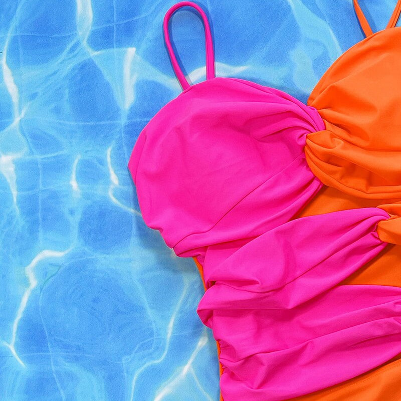 Pink Orange Patchwork One Piece Swimsuit - Swimwear Female Bather Bathing Suit Monokini Trikini