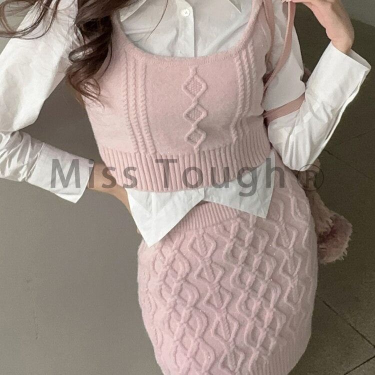 Pink Preppy Style 3 Piece Set Women Korean Fashion Knitted Mini Skirt Suit Female Casual Blouses ＋ Elegant Vest ＋ Vintage Skirt
