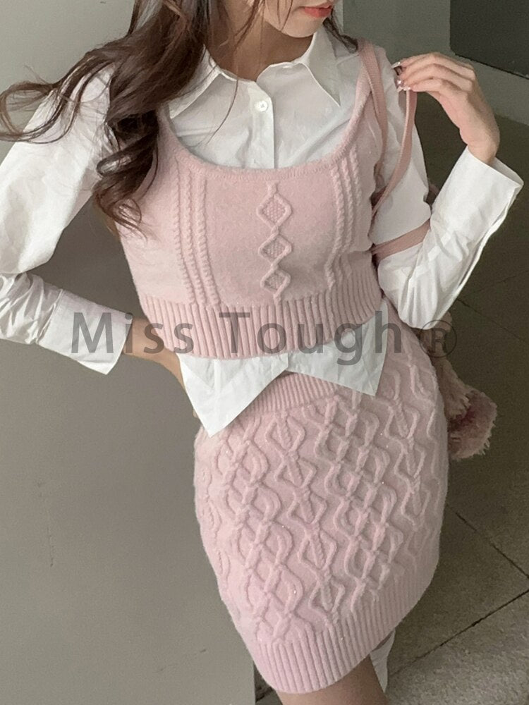 Pink Preppy Style 3 Piece Set Women Korean Fashion Knitted Mini Skirt Suit Female Casual Blouses ＋ Elegant Vest ＋ Vintage Skirt