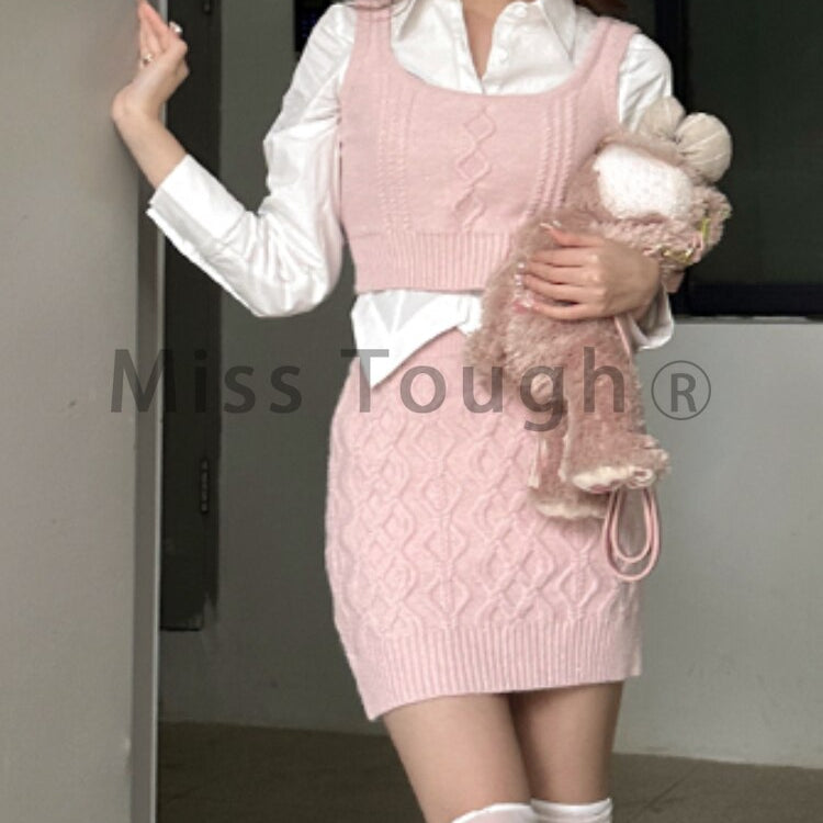 Pink Preppy Style 3 Piece Set Women Korean Fashion Knitted Mini Skirt Suit Female Casual Blouses ＋ Elegant Vest ＋ Vintage Skirt