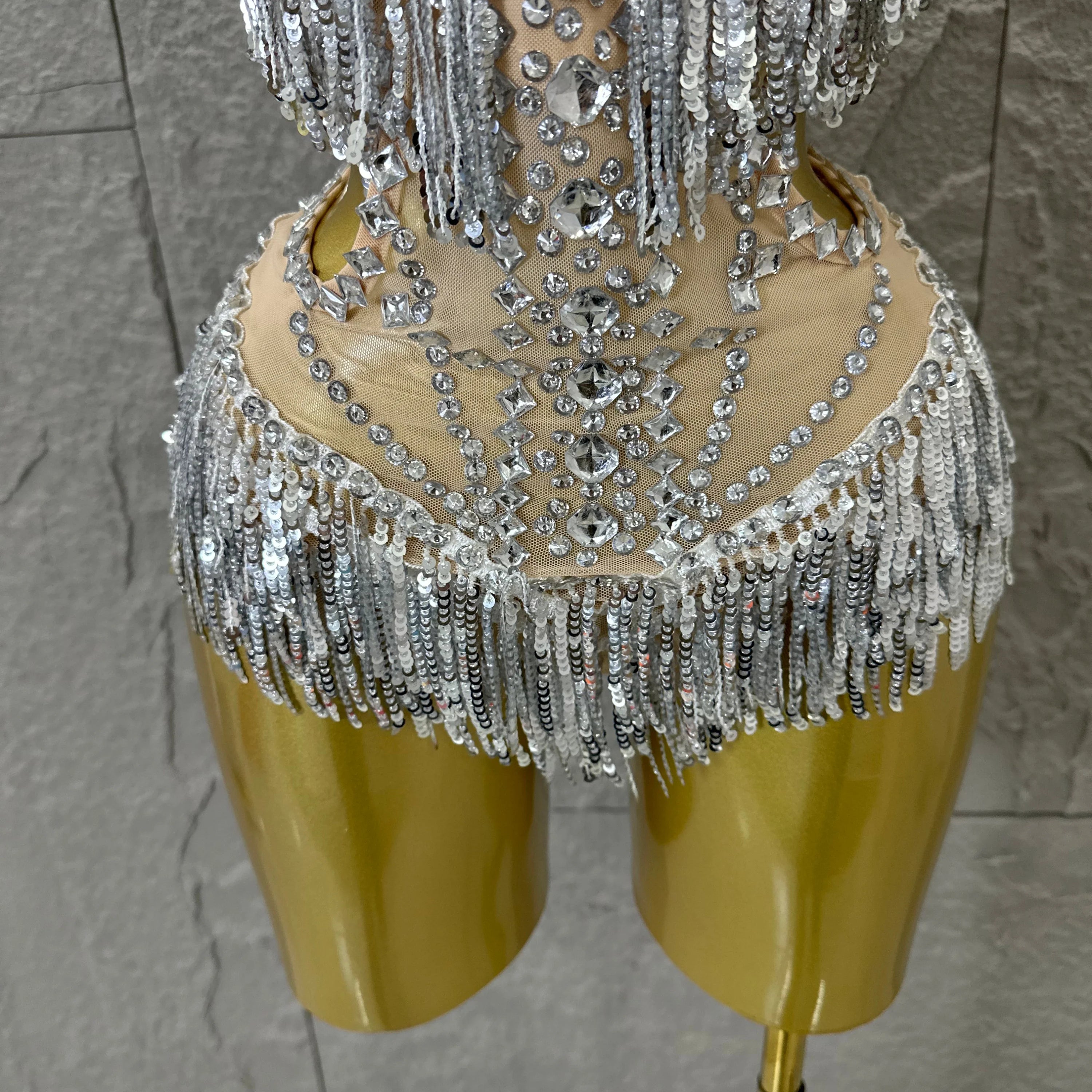 Luxurious Sheer Mesh Bodysuit Women Sexy Crystal Embellished Feather Fringe Trim Spaghetti Strap Outfit Stage Performance Outfit