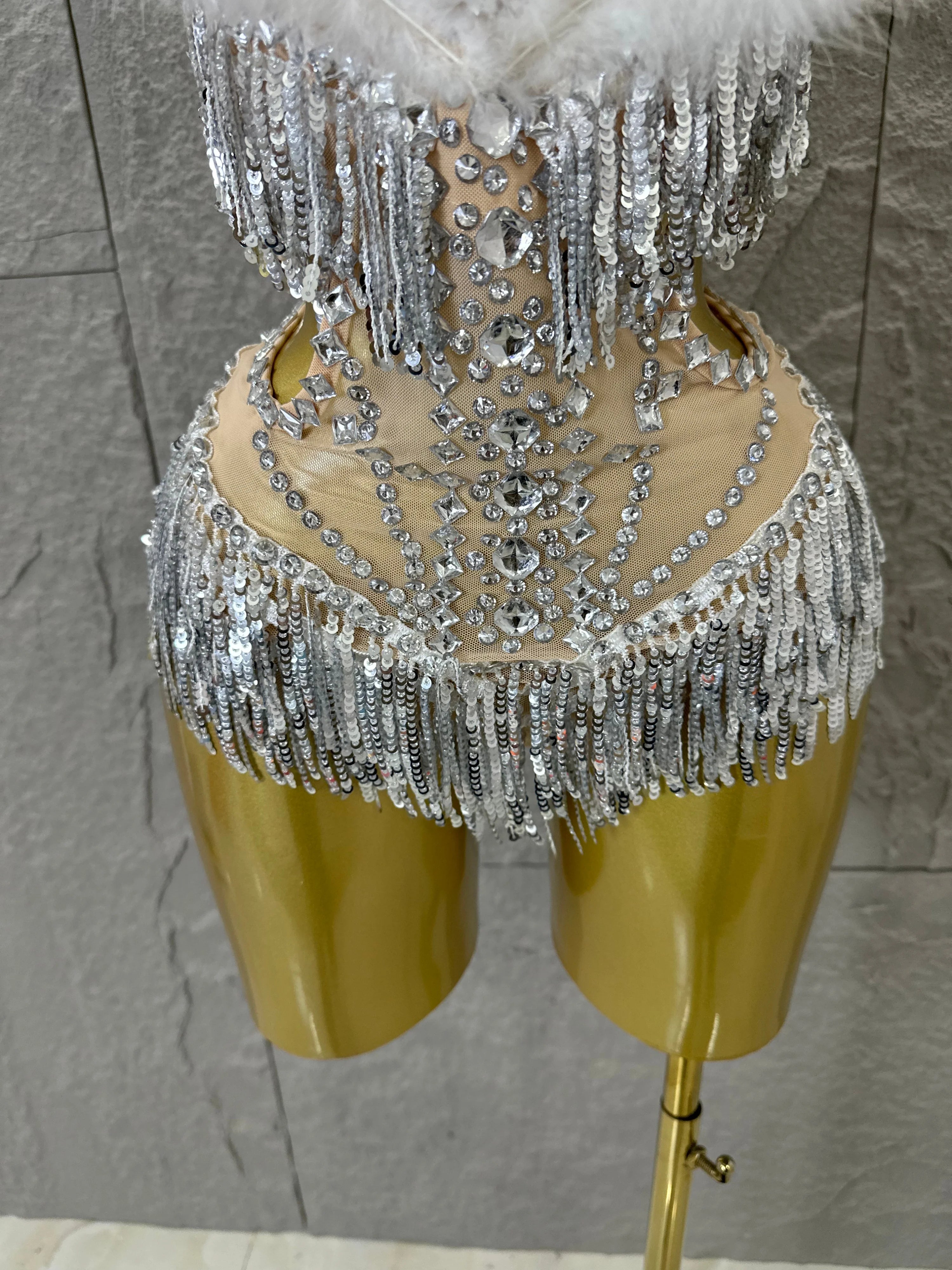 Luxurious Sheer Mesh Bodysuit Women Sexy Crystal Embellished Feather Fringe Trim Spaghetti Strap Outfit Stage Performance Outfit