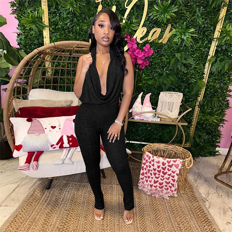 Sexy Low Collar Hanging Neck Sleeveless Slim Fit High Waist Jumpsuits Women Summer 2024 Casual Backless Solid Crumpled Overalls