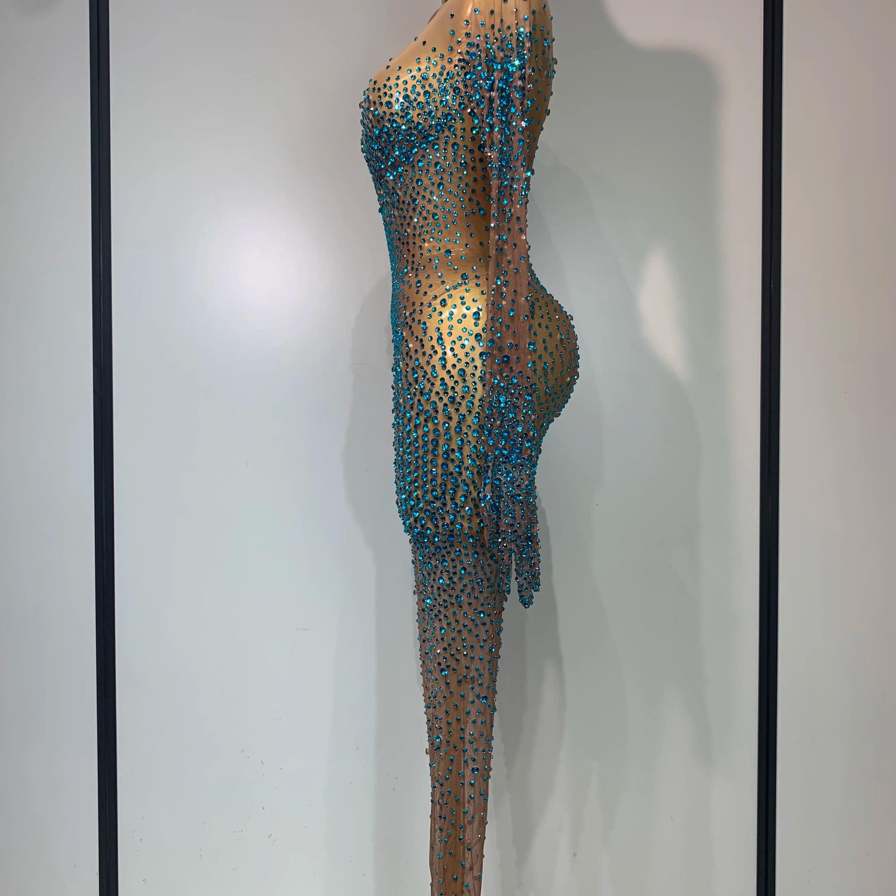 Luxury Rhinestones Bodycon Jumpsuit Sexy Women Mesh See Through Birthday Gown Women Bar Nightclub Dancer Stage Outfit