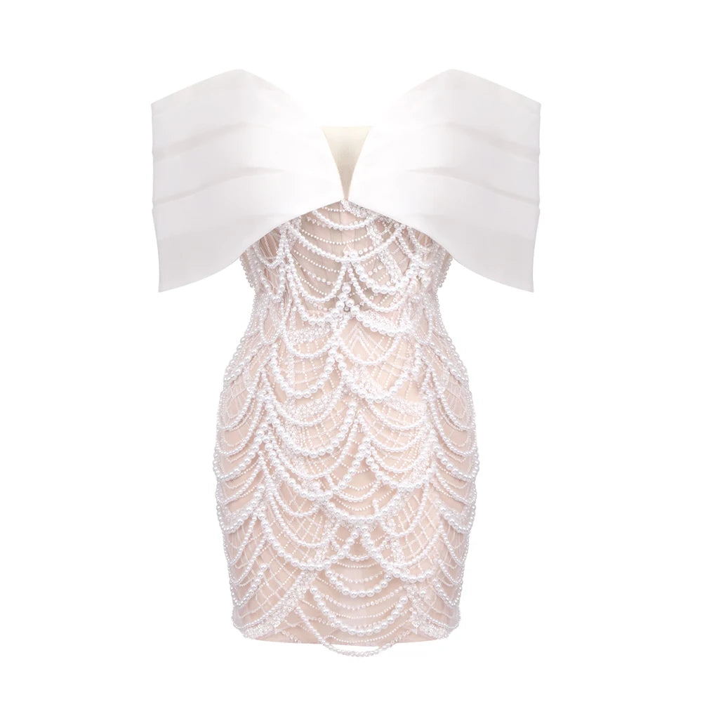 Beige Spilced Folds Short Dress Off The Shoulder Pearl Sequins Beading Chains Mini Cocktail Evening Party Vestido Beige