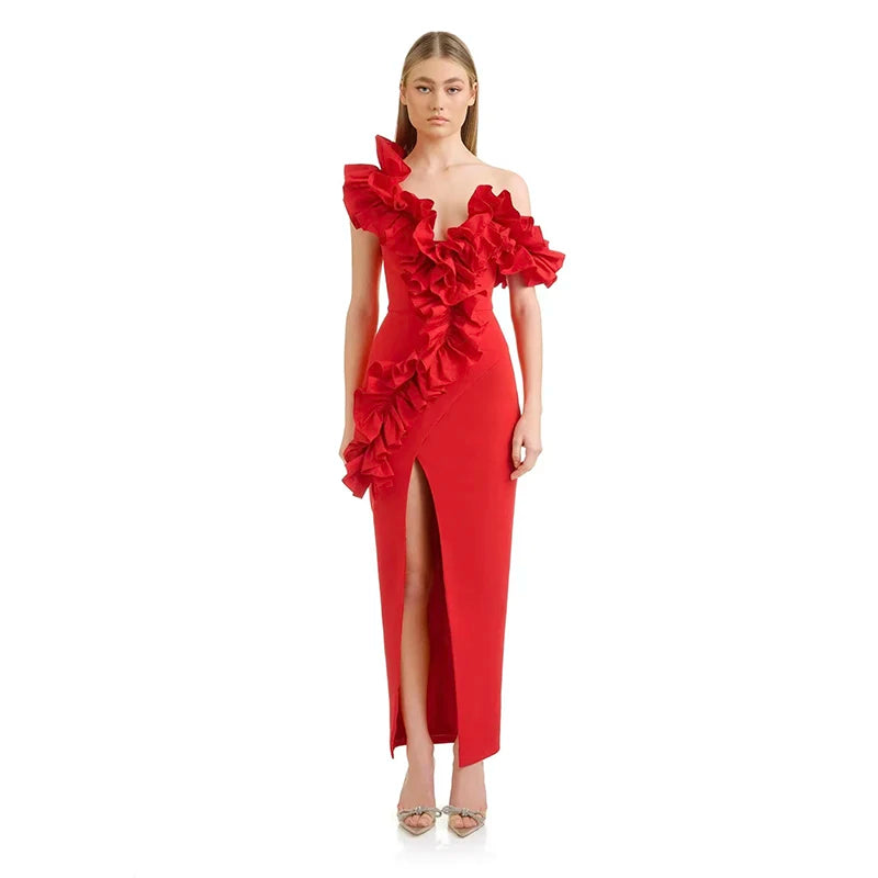 Black Red Color Women Sleeveless Sexy Off the Shoulder Ruffles Bodycon Long Bandage Dress Nightclub Party Celebrate Outfit Red