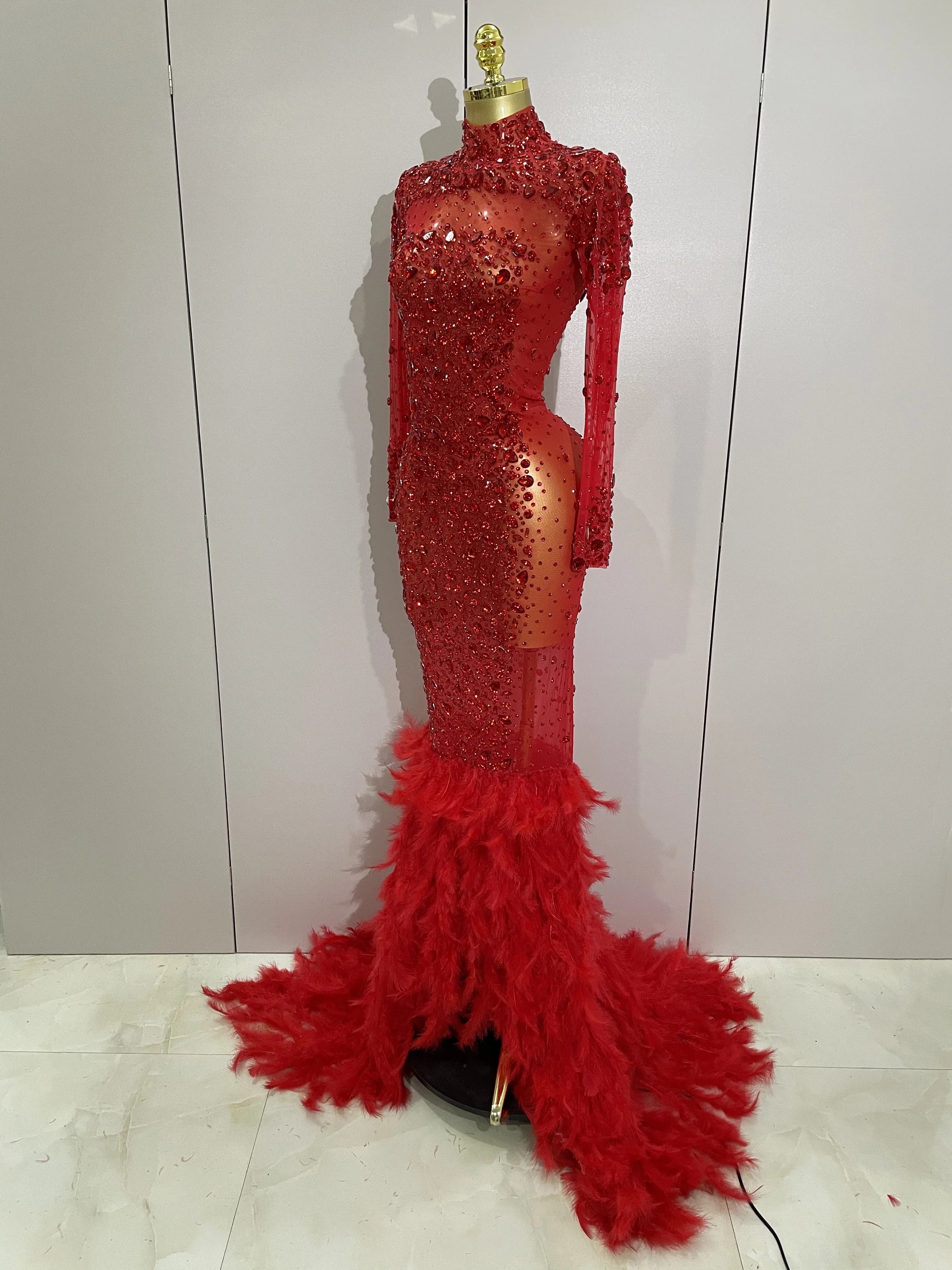 2025 New Sparkling Red Crystals Feathers Long Sleeve Mermaid Maxi Dress Women Wedding Celebrate Luxury Birthday Party Prom Gown