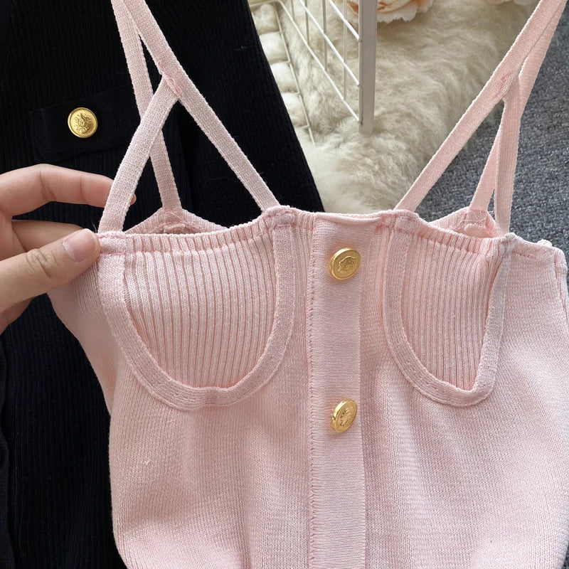 Women Dress Sets Autumn Fashion Spaghetti Straps Mini Dress + Full Sleeve Knitted Coats Lady Y2K Two Piece Suits