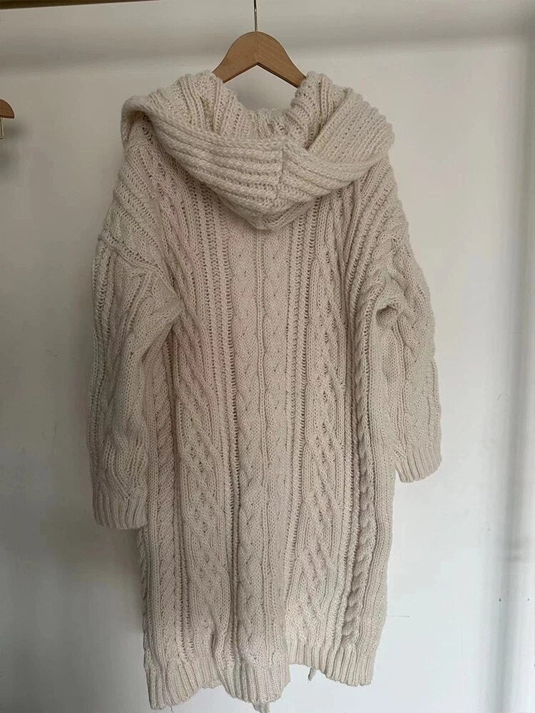 ZA-2024 new autumn and winter women's hooded eight-strand knitted jacket fashionable long cardigan jacket