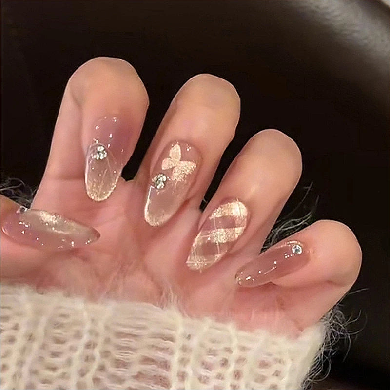 24Pcs Spring Wearing False Nails Short Almond Oval Nails with Red Love Rhinestone Designs Popular Nail Stickers for Spicy Girls 5