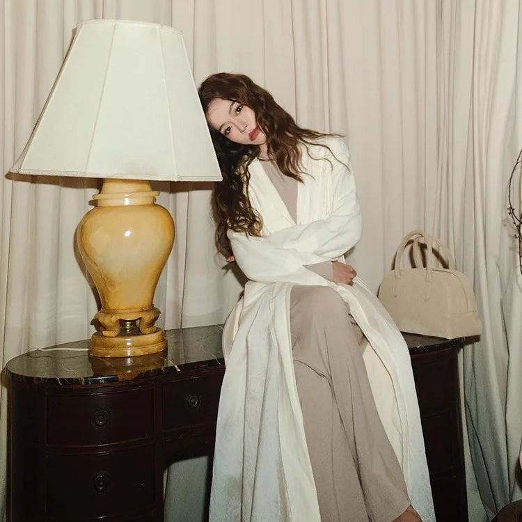 Lautaro Autumn Long Thin Flowy Fit and Flare Linen Coat for Women Black Elegant Chic Luxury Designer Clothes Runway Fashion 2025