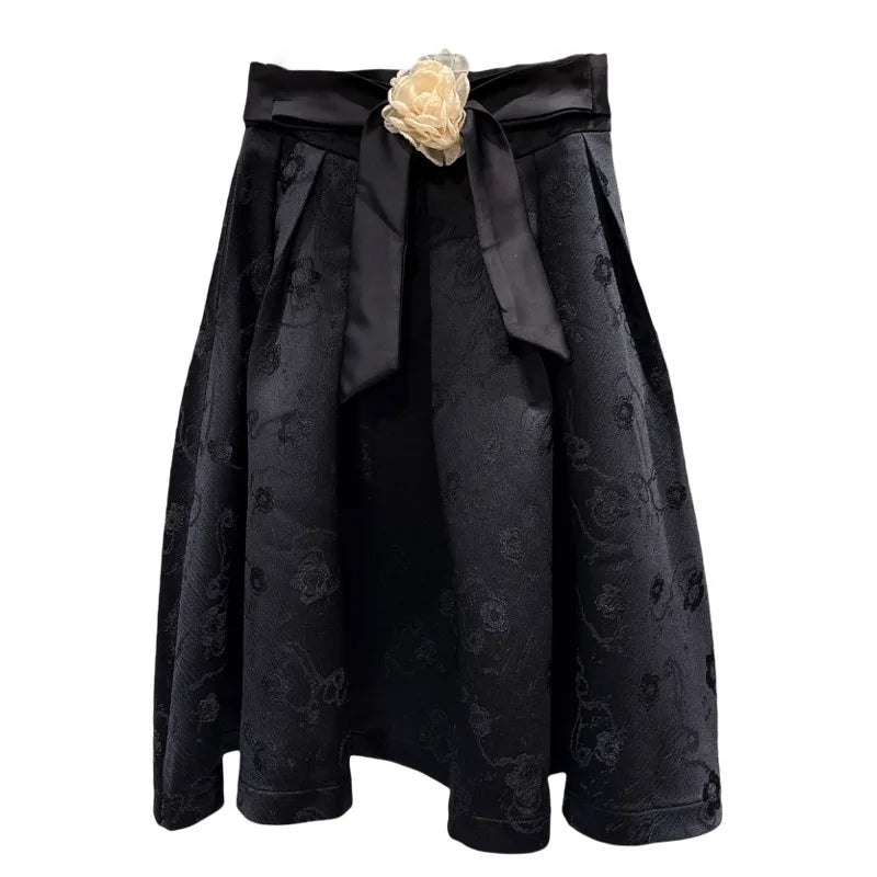 Winter New Fashion Three-Dimensional Flower Belt Jacquard Pattern A-Line Skirt For Women Mid-length Skirts 11A07957