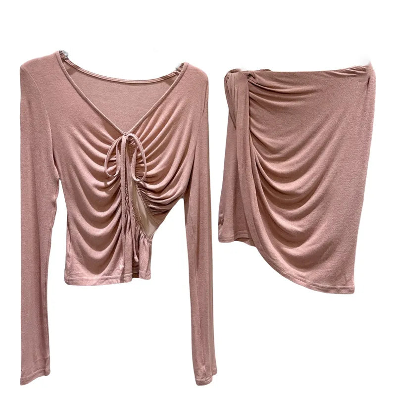 Winter New Fashion Hollow Mesh Drawstring T-Shirt Slim Fit Asymmetrical Hem Wrapped Hip Skirt Set For Women 11A07733