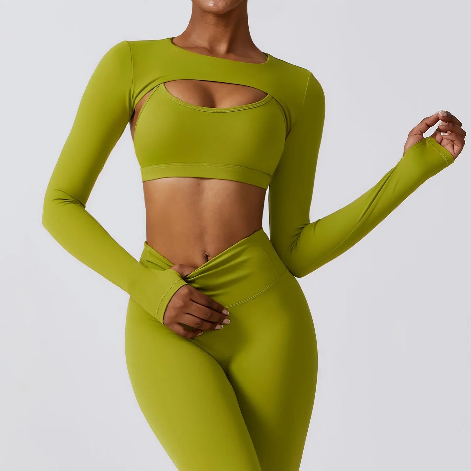 Outfitting Sports Camisole Long Sleeved Shawl Yoga Top Nude Fitness Top Gym Clothes Workout Push Ups Running Sports Smock Matcha Green